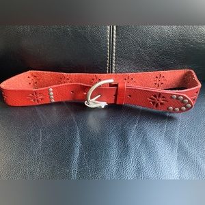 Red Cognac Leather Perforated Designs & Silver Studded Belt